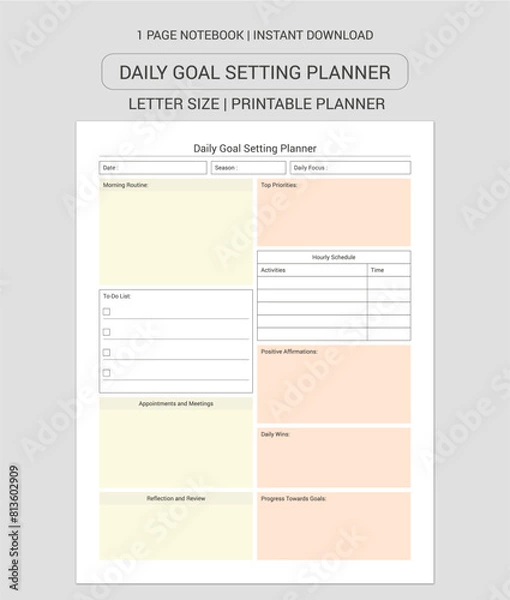 Obraz Daily Goal Setting Planner  Notes | Daily Goal Setting Planner  Notebook |Daily Goal Setting Planner  Workbook | Daily Goal Setting Planner  Log Book | Notebook Printable Planner | Letter Size