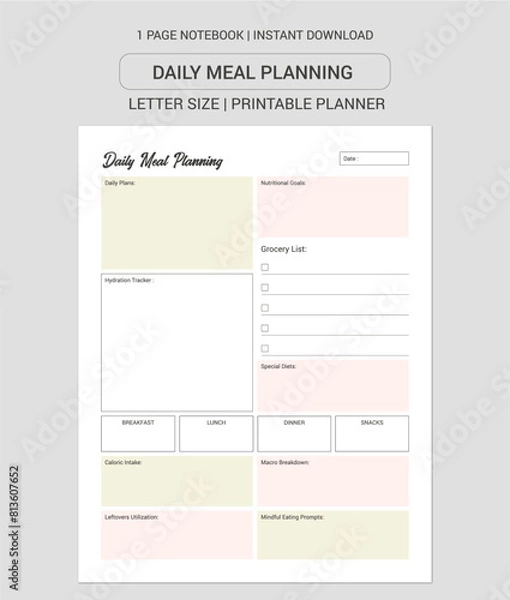 Fototapeta Daily Meal Planner  Notes | Daily Meal Planner  Notebook |Daily Meal Planner  Workbook | Daily Meal Planner  Log Book | Notebook Printable Planner | Letter Size