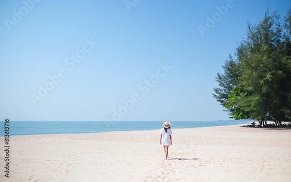 Fototapeta Rear view image of a young woman while strolling on the beach with the sea and blue sky background