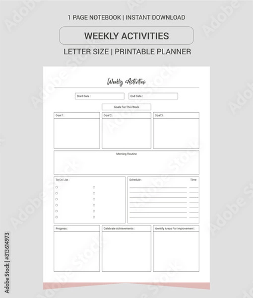 Fototapeta Weekly Activities Planner Notes | Weekly Activities Planner Notebook |Weekly Activities Planner Workbook | Weekly Activities Planner Log Book | Notebook Printable Planner | Letter Size