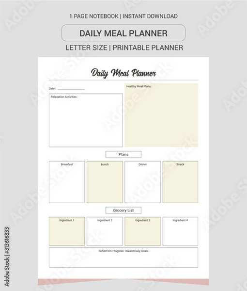 Obraz Daily Meal Planner Notes | Daily Meal Planner Notebook |Daily Meal Planner Workbook | Daily Meal Planner Log Book | Notebook Printable Planner | Letter Size