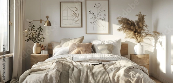 Fototapeta Scandinavian loft bedroom with a blend of contemporary and vintage elements, soft textures, and muted colors.
