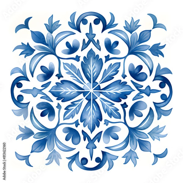 Fototapeta Rustic blue tile watercolor seamless pattern. Pattern of azulejos tiles