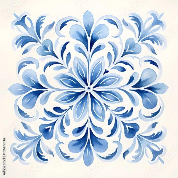 Fototapeta Rustic blue tile watercolor seamless pattern. Pattern of azulejos tiles