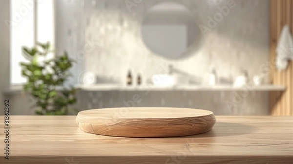 Fototapeta Wooden podium for bathing and spa products in defocused bathroom, Round wooden podium for product display on blurred bathroom background, generative ai