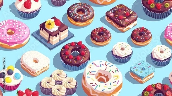 Fototapeta Pixel art seamless pattern of donuts, cakes, and cupcakes.