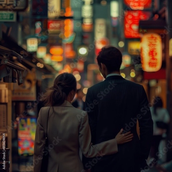 Fototapeta 中良さそうに繁華街を歩くスーツ姿の男女
