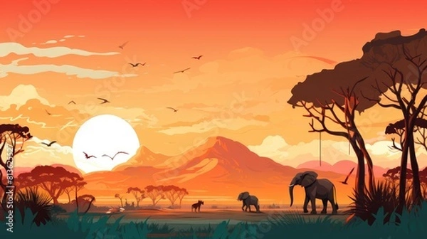 Fototapeta Safari adventure photo realistic illustration - Generative AI. Savannah, elephants, tree, sunset.