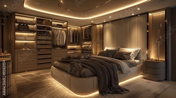 Fototapeta A luxury bedroom with a bespoke walk-in closet, island dresser, and soft backlighting