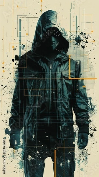 Fototapeta Cyberpunk themed minimalist print style collage poster, Abstract grunge backdrop, Retro futuristic graphic design in a style of 80s.