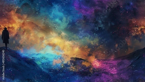 Fototapeta Paint a cosmic catwalk where interstellar models flaunt bio-luminescent garments under the luminescent glow of a digital nebula Use watercolors to blend cosmic textures and etherea
