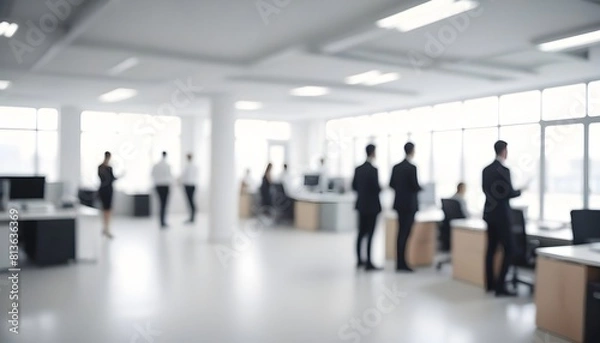 Fototapeta Blurry view of busy business professionals working in an office environment