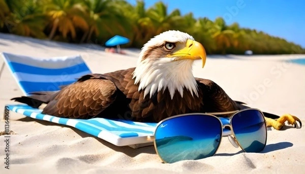 Fototapeta A bald eagle, a symbol of strength and freedom, wearing sunglasses and lounging on a beach chair by the shore