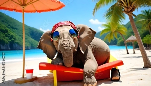 Fototapeta An elephant rests on a vibrant red chair positioned on a sandy beach by the ocean, under the clear blue sky