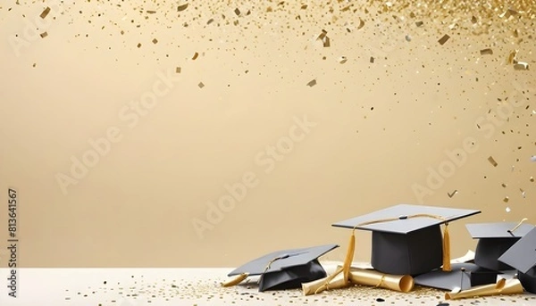 Fototapeta Graduation caps tossed in the air, scattering confetti on a shiny gold background to celebrate academic achievement