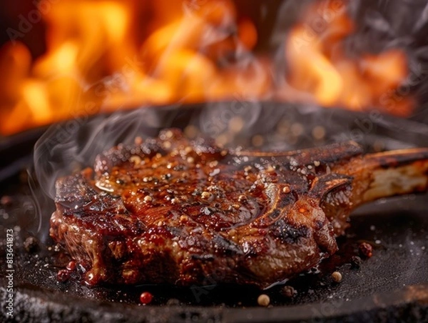Fototapeta Close-up of a seasoned steak cooking with fiery grill marks, smoke, and flakes of salt