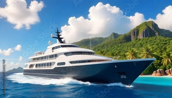 Fototapeta A significant luxury yacht sails gracefully across the vast ocean under the clear sky