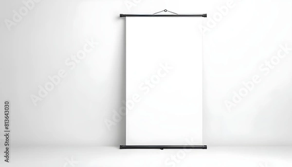 Fototapeta A white banner is hanging on a wall in an empty room, creating a simple and minimalist atmosphere