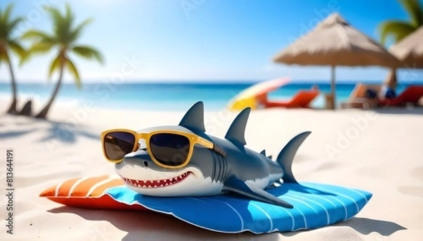 Fototapeta A shark in sunglasses relaxing on a beach float in the ocean