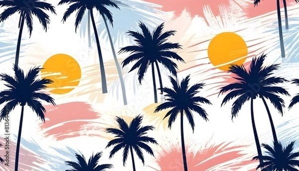 Fototapeta Seamless pattern featuring palm trees and the sun repeated in a design suitable for various applications