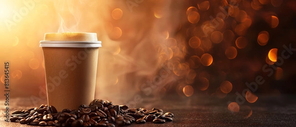 Fototapeta Steaming coffee cup on a rustic table with scattered coffee beans and warm bokeh lights. Copy space. Generative AI	