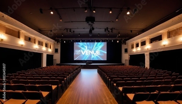 Fototapeta A wide auditorium with rows of seating leading towards a large projection screen at the front