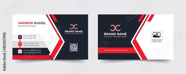 Fototapeta Red modern and creative business card template. Simple clean visiting card design. Luxury and elegant visit card layout. Easy editable business for design with vector illustration.