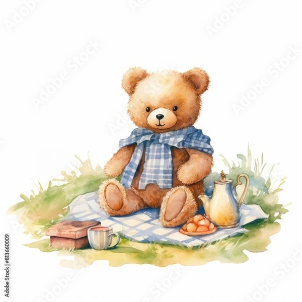 Fototapeta A vintage-style watercolor illustration, a charming teddy bear enjoying a lazy afternoon picnic on a classic checkered blanket, surrounded by the tranquility of a green park.