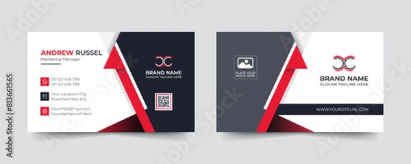 Fototapeta Red modern and creative business card template. Simple clean visiting card design. Luxury and elegant visit card layout. Easy editable business for design with vector illustration.