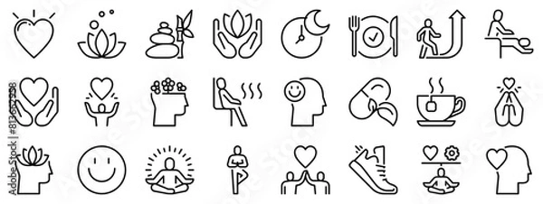 Fototapeta Icon set about wellness. Line icons on transparent background with editable stroke.