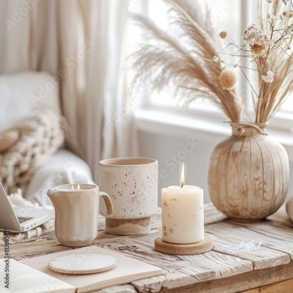 Fototapeta Decorative candles on a work table, boho style