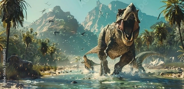 Fototapeta dinosaurs running through the water in front of tropical jungle.