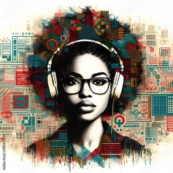 Obraz Une femme programmeuse, lunettes sur le nez, arbore un casque audio. Son regard attentif reflète la concentration, prête à plonger dans le monde numérique pour créer l'innovation de demain
