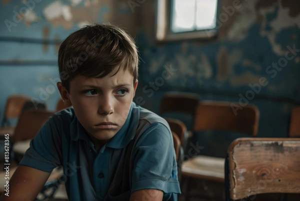 Obraz A boy sad in the school suffering bullyng. Generative AI