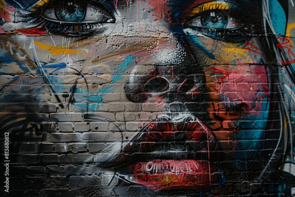 Obraz Stylish street graffiti with a woman's face on a brick wall. Generative AI