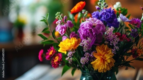 Fototapeta Colorful bouquet of flowers in a vase on the table.