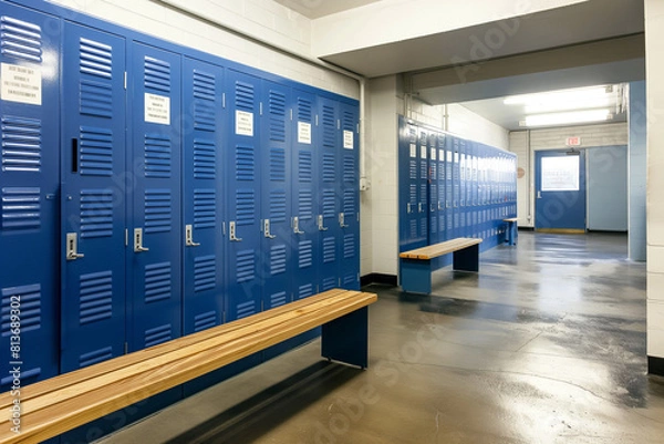 Obraz Blue metal storage lockers with an accompanying wooden bench. Generative AI