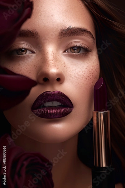 Obraz female face next to lipstick. beautiful perfect makeup.