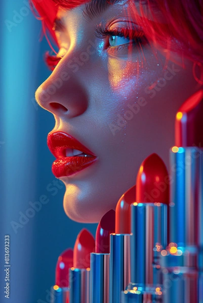 Obraz female face next to lipstick. beautiful perfect makeup.