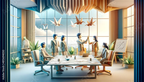 Fototapeta Professional Team Celebration in Origami Style Office: Paper Art Recreation of Corporate Success with Folded Paper Figures and Environment, Featuring Diverse Team High-Fiving in Modern Office with Sce