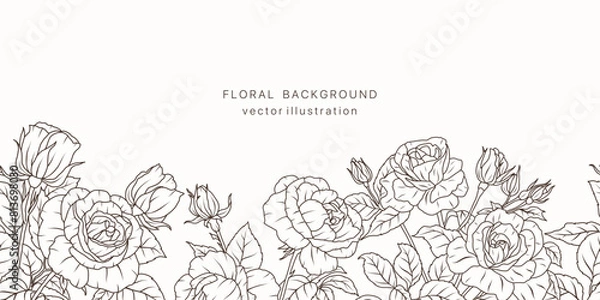 Obraz Luxury rose flower line art seamless border background. Floral plant leaf frame design card. Summer vintage bouquet luxury pattern. Vector illustration nature spring wedging card