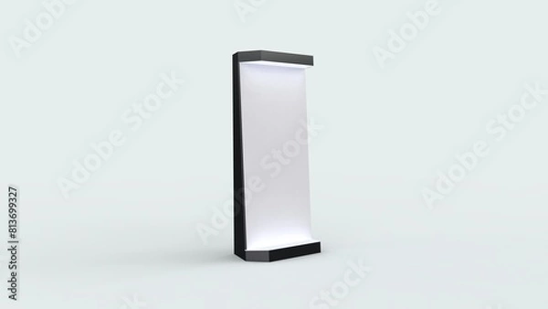 Fototapeta Black exhibition stand with spots and lights empty blank for presentation and advertising usage isolated on solid color perspective left view 3d rendering image