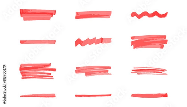 Fototapeta Red elements set, hand drawn marker  Underline, colorful text mark. Markers brushes underline collection. Vector illustration isolated on white background
