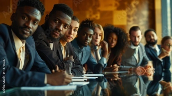 Fototapeta A diverse group of young professionals lean on the conference table and collaborate to solve a problem.