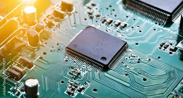 Fototapeta Panoramic View of Technology Chips on a Computer Motherboard: Intricate Printed Circuit Board Design. Crafting with AI Tools