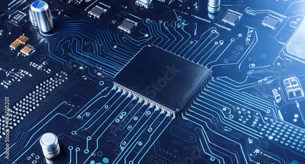 Fototapeta Panoramic View of Technology Chips on a Computer Motherboard: Intricate Printed Circuit Board Design. Crafting with AI Tools