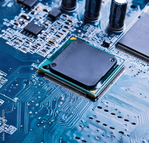 Fototapeta Panoramic View of Technology Chips on a Computer Motherboard: Intricate Printed Circuit Board Design. Crafting with AI Tools