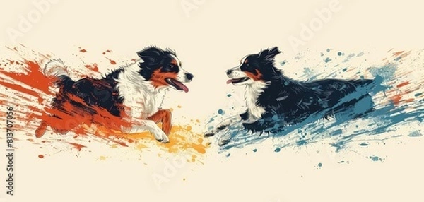 Fototapeta Couple dogs flat design top view agility training theme water color Complementary Color Scheme.