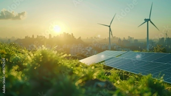 Obraz A hopeful scene showcasing sustainable living solutions in action, with renewable energy