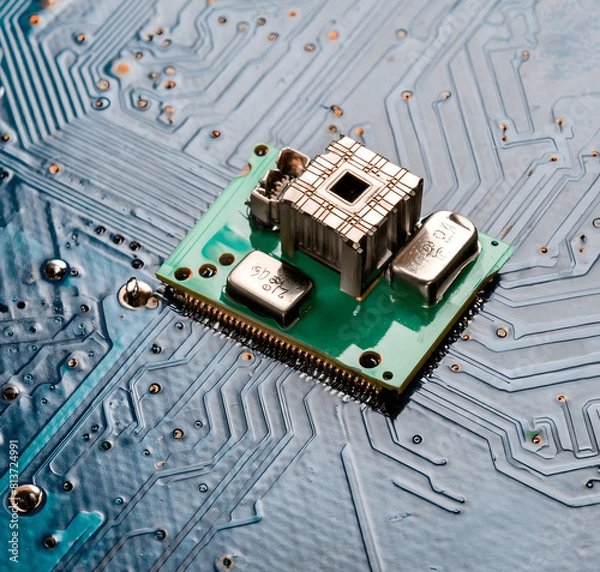 Fototapeta Panoramic View of Technology Chips on a Computer Motherboard: Intricate Printed Circuit Board Design. Crafting with AI Tools